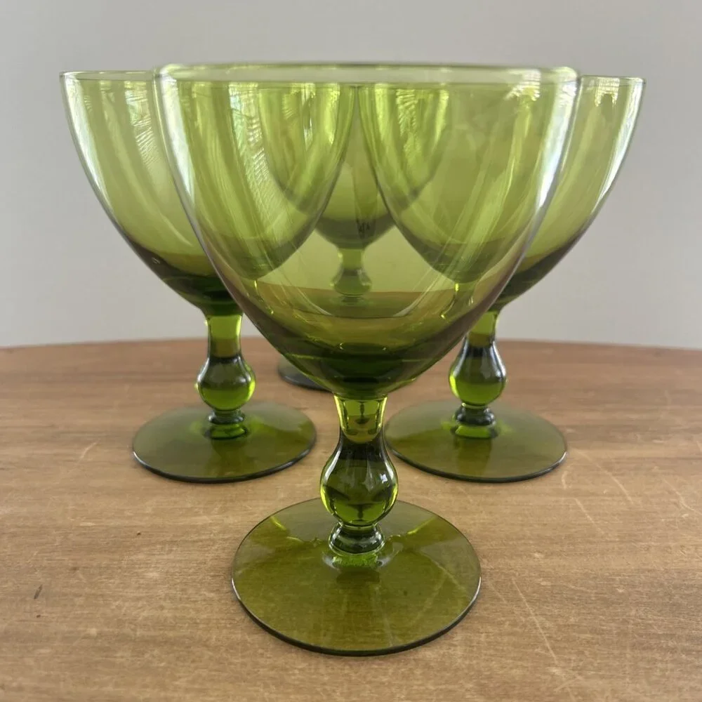 Vintage Morgantown Regina Water Goblets Set  Of 4 Moss Green Glass